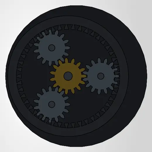 Planetary gearbox with brass sun gear, three steel planets and an internal ring gear