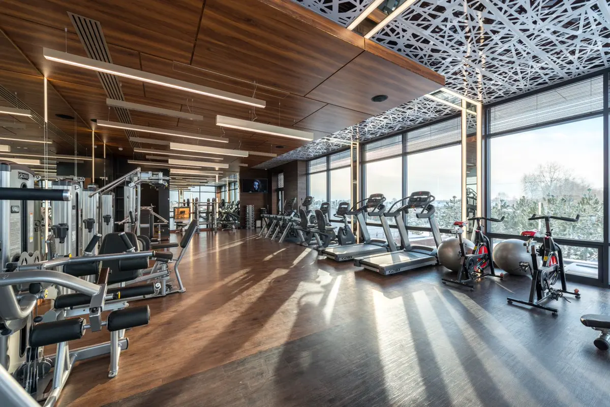 Modern gym interior with cardio machines, weight equipment and floor-to-ceiling windows